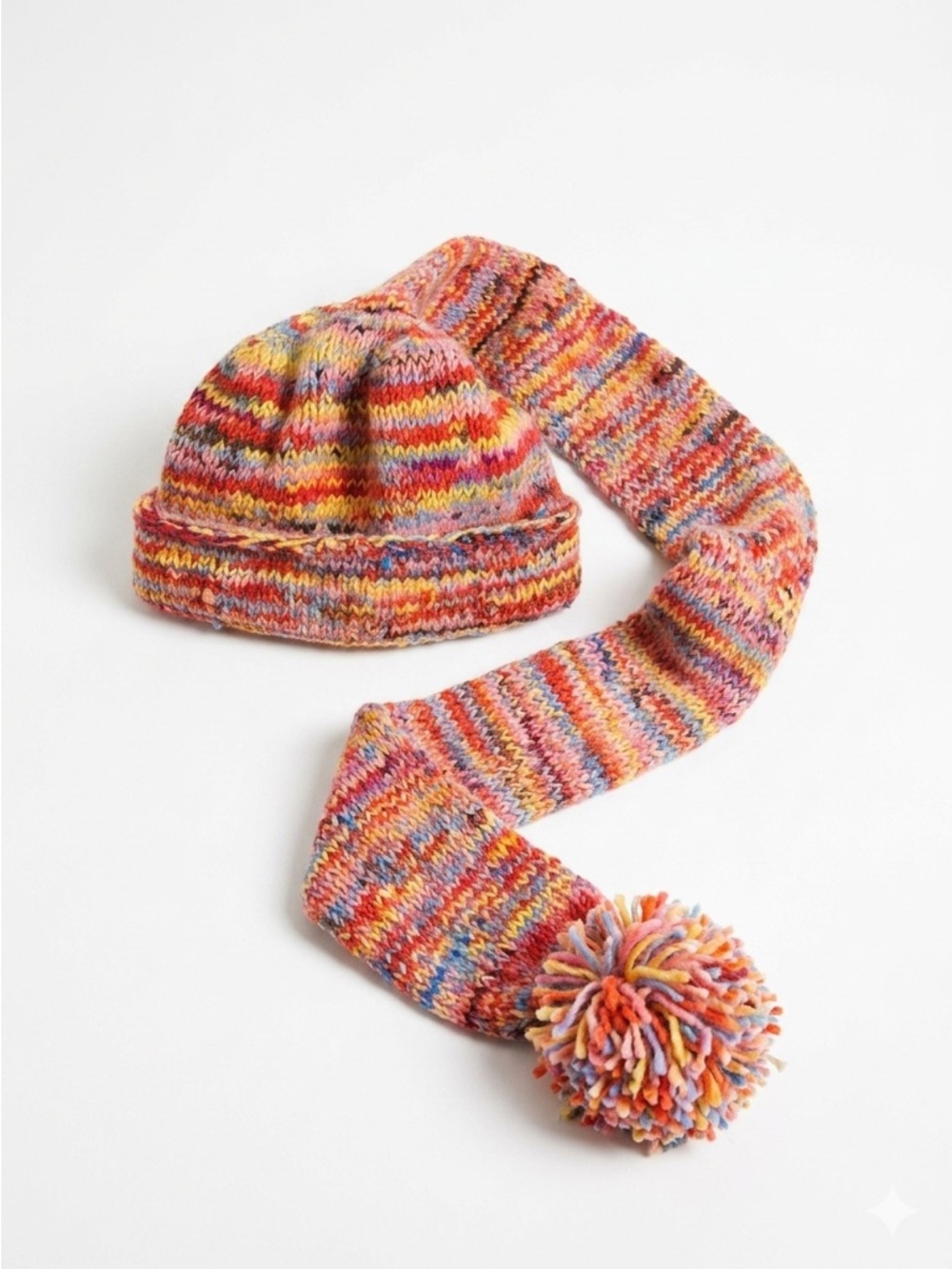 Hand Knitted Nepalese Wool Long Tail Beanie Hat Fleece Lined Colorful Pom NWOT